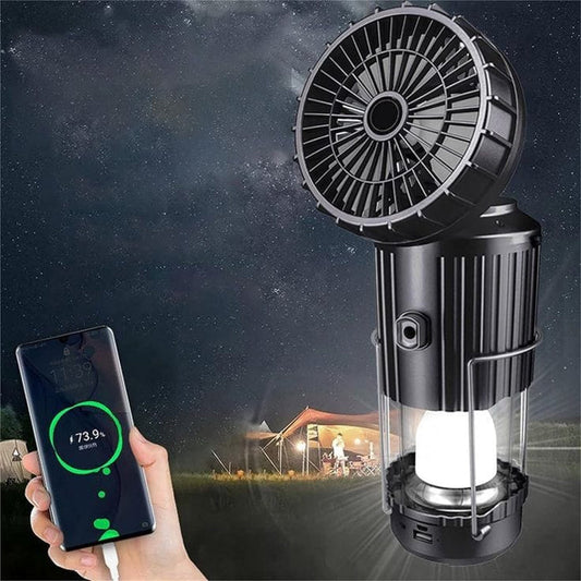 Large Solar Lantern Powered LED Light & Fan - 6 in 1 Portable Collapsible Rechargeable Camping Lamp With Fan