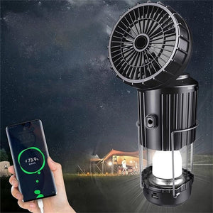 Large Solar Lantern Powered LED Light & Fan - 6 in 1 Portable Collapsible Rechargeable Camping Lamp With Fan