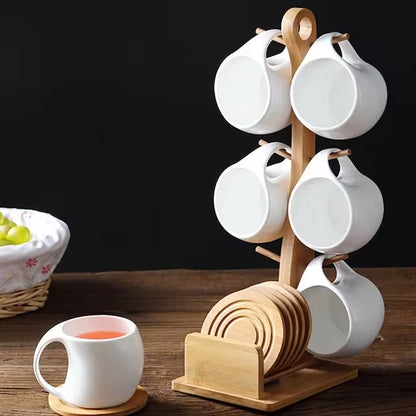 New White Ceramic Coffee Tea Cup Set of 6 with Mug Rack and Saucer for Home Office Coffee Cup Tea Set