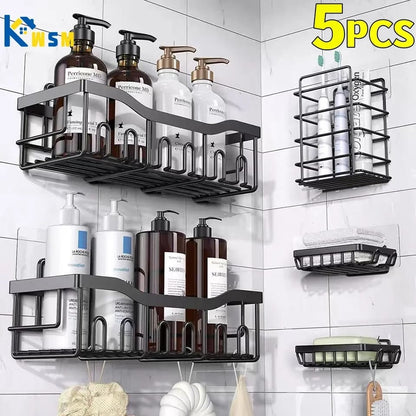Heavy-Duty Carbon Steel Corner Shower Caddy Set (5-Pack) – Rust-Resistant, Adhesive, Space-Saving Bathroom Organizer