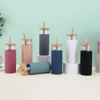 590ml Glass Tumbler with Bamboo Lid & Straw