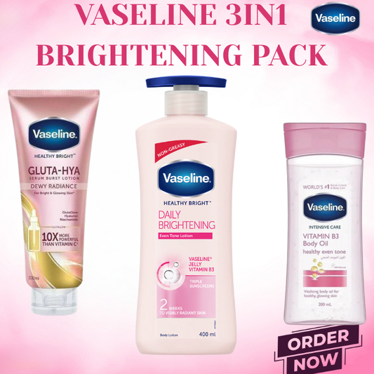 Vaseline 3 In 1 Brightening Package: Intensive Care Vitamin B3 Body Oil 200ML + Daily Brightening Even Tone Lotion 600ML+ Gluta-Hya Dewy Radiance Serum Burst Lotion