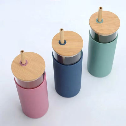 590ml Glass Tumbler with Bamboo Lid & Straw