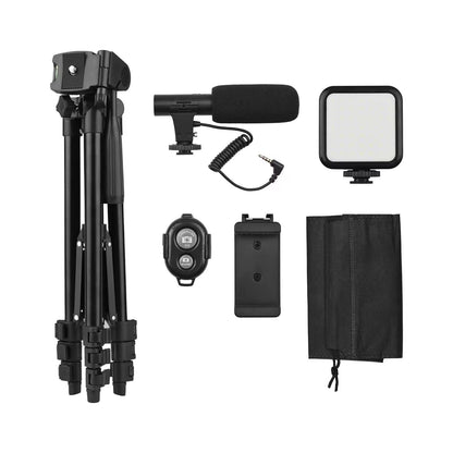 Complete Vlogging Kit with Tripod Stand, Noise-Cancelling Microphone, LED Video Light & Remote – KIT-05LM