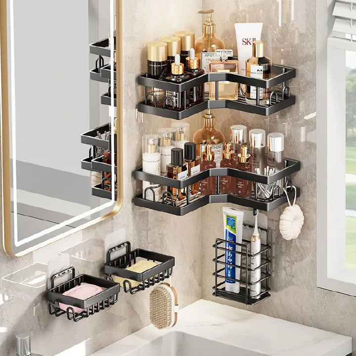 Heavy-Duty Carbon Steel Corner Shower Caddy Set (5-Pack) – Rust-Resistant, Adhesive, Space-Saving Bathroom Organizer